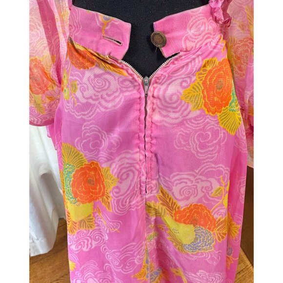 Vintage 70s two pieces set, pink, orange, yellow floral smocked bodice, maxi - Picture 9 of 10